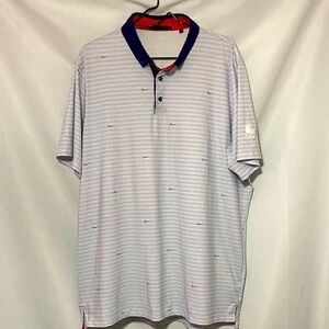 Greyson Men's Polo Shirt - Navy and White stripe‎ pattern w/ GREYSON PRINT EUC